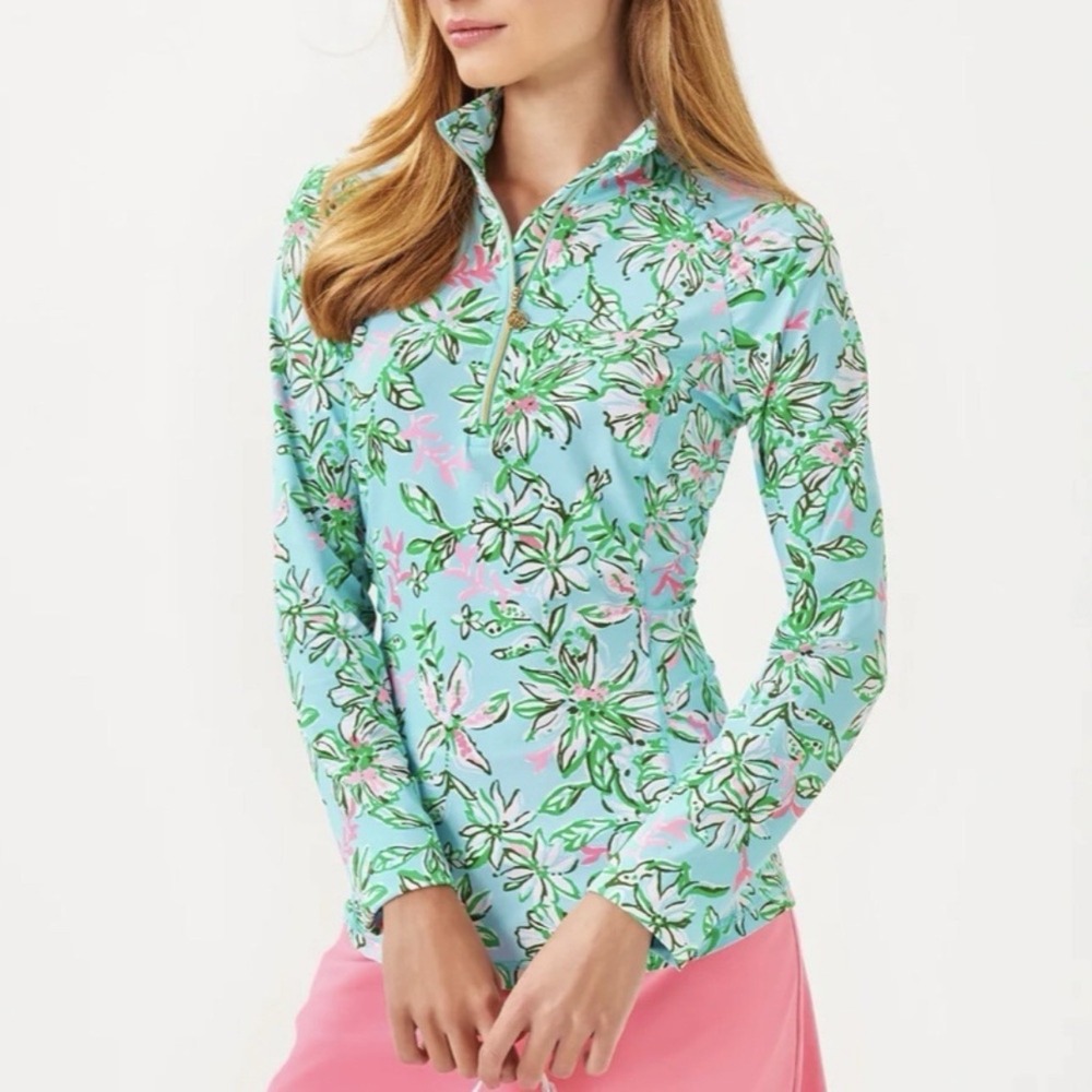 Lilly Pulitzer Justine 1/4 Zip Pullover Lil Sun Of A Bun UPF 50+ Blue Floral S